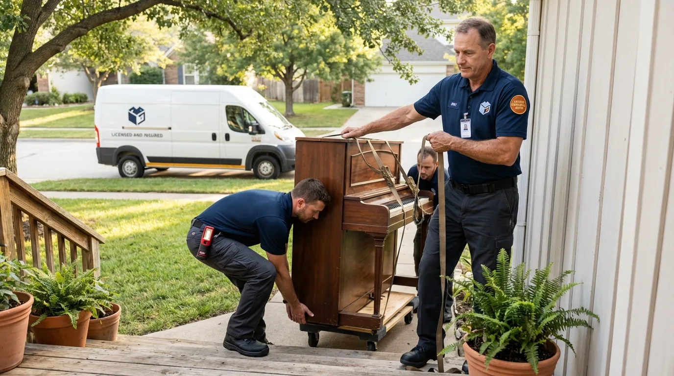 Licensed piano movers securing grand piano in Greene, IA