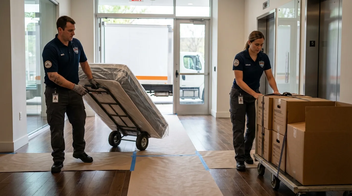 Professional apartment movers loading elevator in Greene, IA