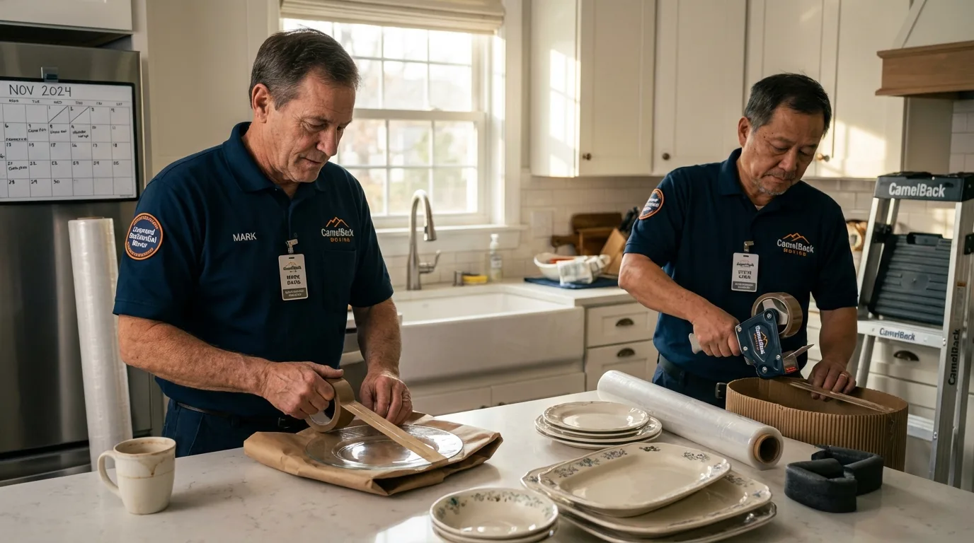Professional crew packing kitchen dishware in Greene, IA